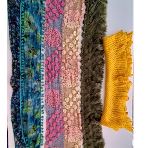 4 Boho Multi-Style Scarves Bundle: Ruffle, Fringe, Patchwork Bubble, Pom-Pom - Picture 3 of 4